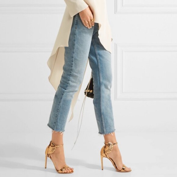 Sz 40 OSCAR TIYE Gold Malikah Mirrored Leather Wing Heeled Sandals - Picture 7 of 16